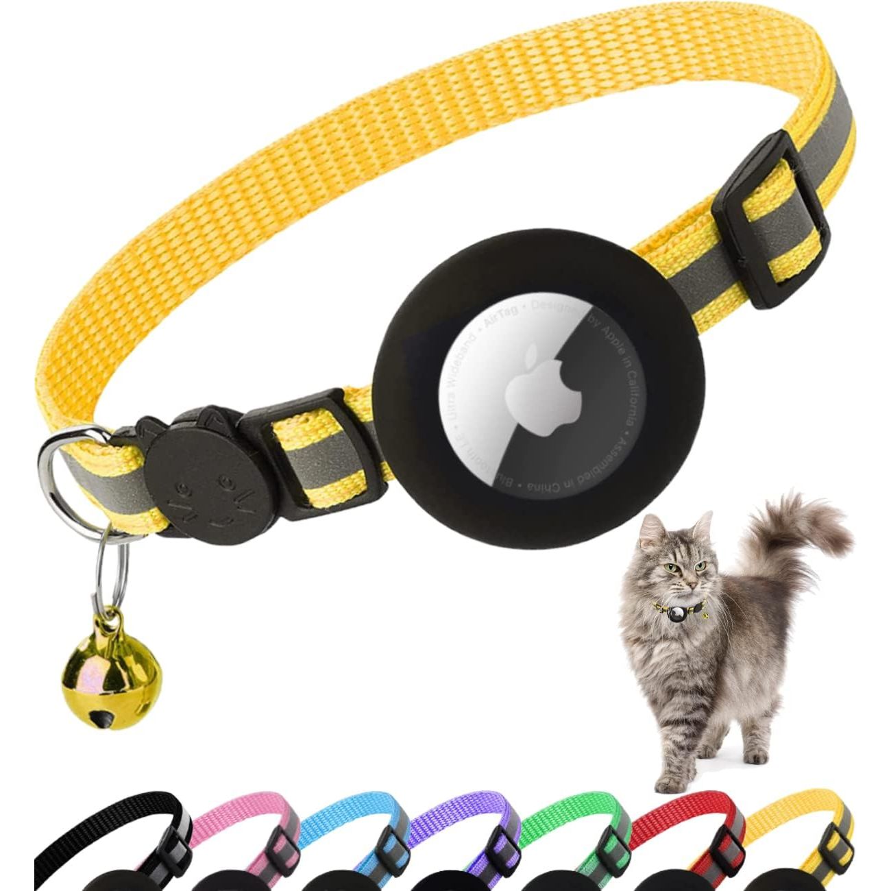Airtag Cat Collar Breakaway, Reflective Kitten Collar with Apple Air Tag Holder and Bell for Girl Boy Cats, 0.4 Inches in Width and Lightweight(Black)