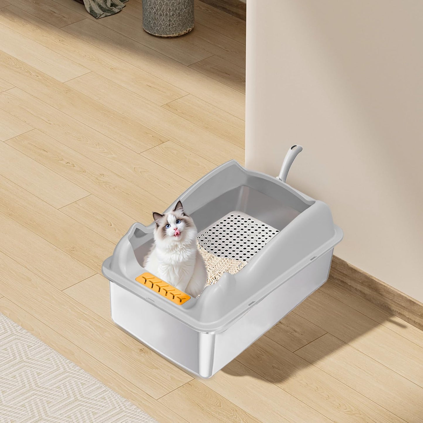Extra-Large Stainless Steel Litter Box with Lid - Ideal for Large Cats, High Sides, Leak-Proof Design, and Effortless Cleaning