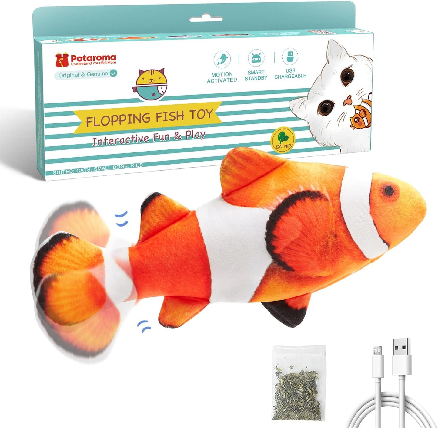 Exciting Potaroma Catnip Flopping Fish Toy - Interactive Kicker for Cats and Small Dogs, 10.5" Plush Carp with Motion Sensor