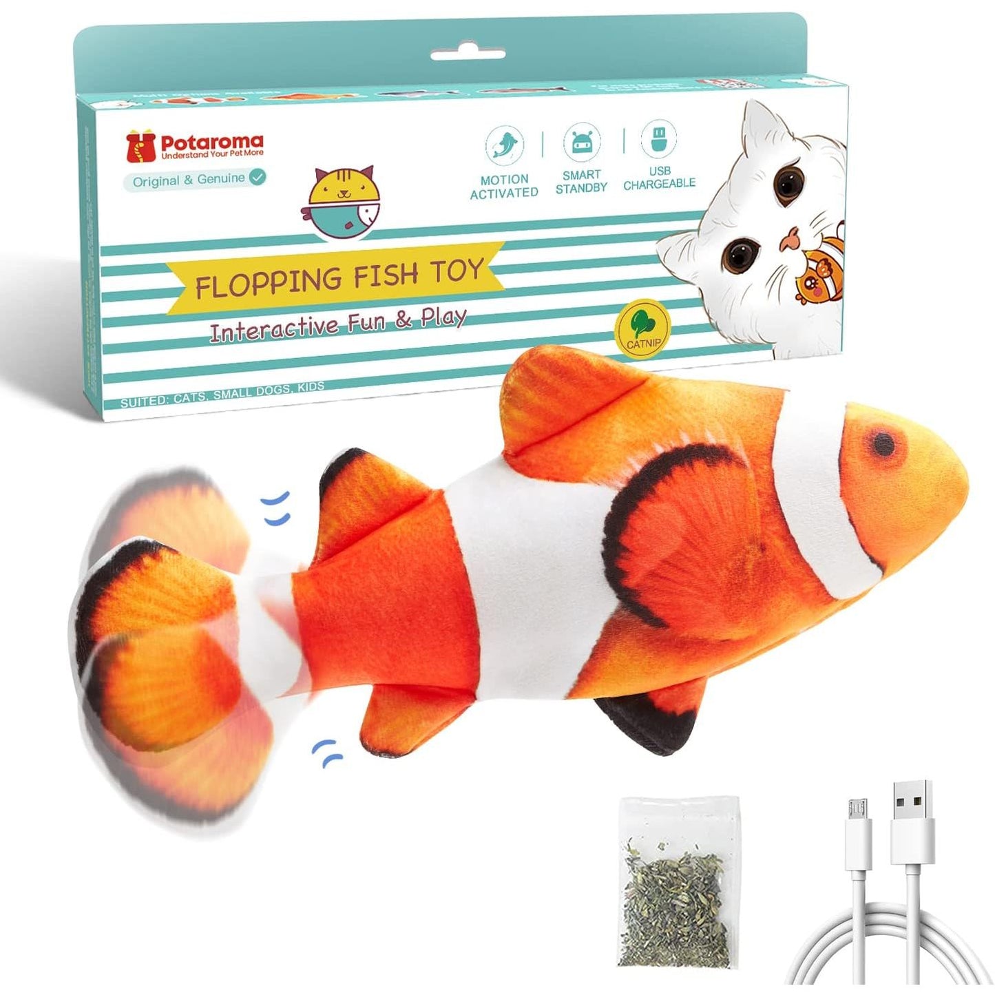 Interactive Flopping Fish Cat Toy with Catnip - 10.5 Inch Moving Kicker for Cats and Small Dogs