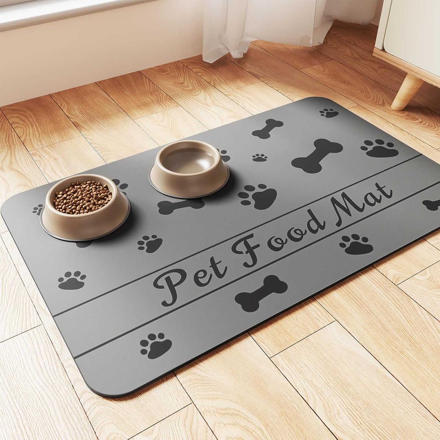 Premium Absorbent Pet Feeding Mat - Waterproof Rubber Backing for Dogs and Cats (20"x12", Striped Dark Gray)