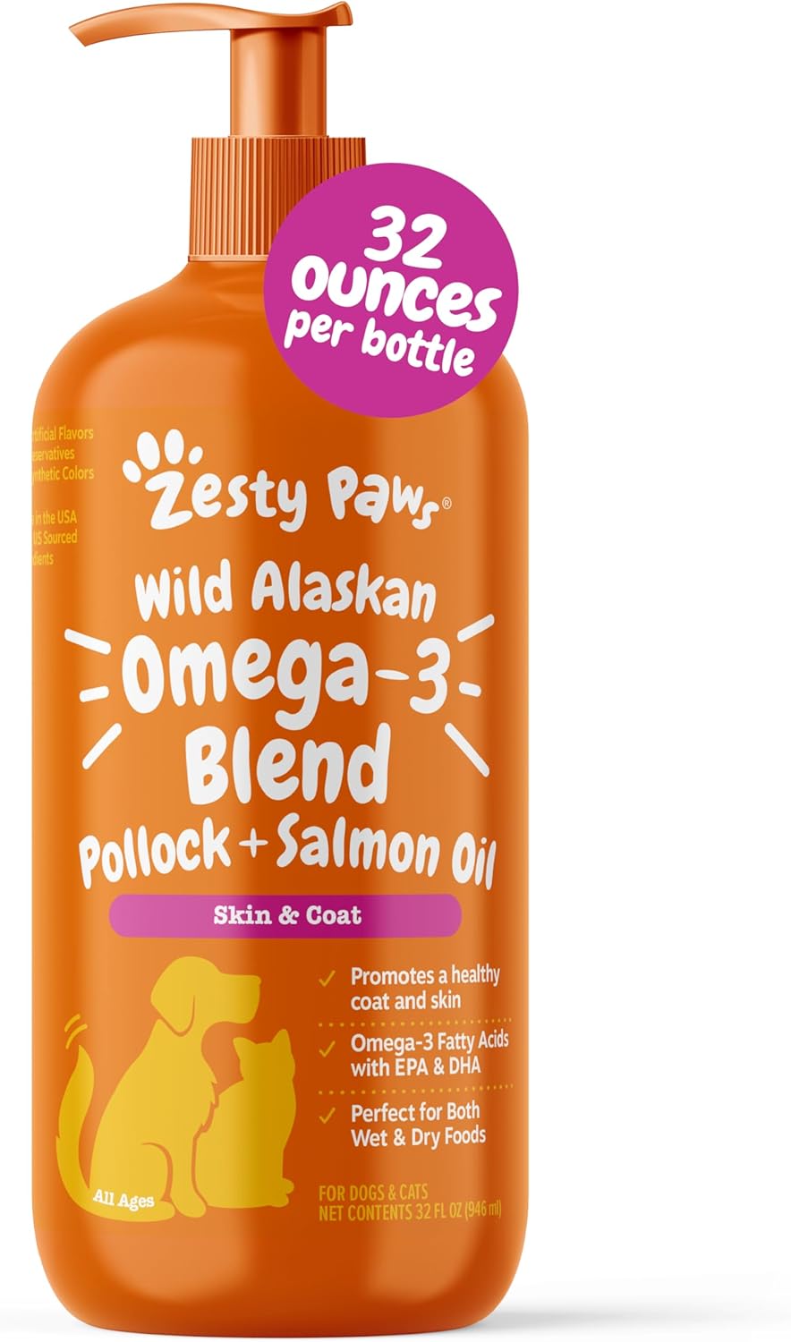 Zesty Paws Wild Alaskan Omega-3 Blend Pollock + Salmon Oil for Dogs and Cats- Skin and Coat Support, Omega 3 Supplement for Pets, 8.5Oz