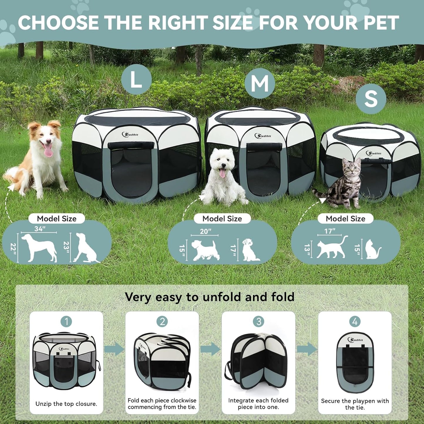 Portable Indoor/Outdoor Pet Playpen for Small Dogs, Cats, and Rabbits with Carrying Case - Grey, Small