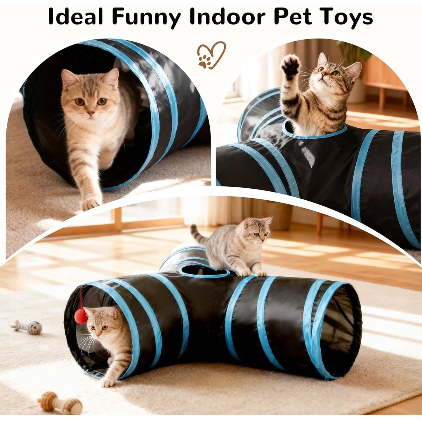 3-Way Collapsible Cat Tunnel with Peek Hole and Toy Ball for Indoor Cats and Small Pets