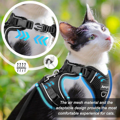 Adjustable Cat Harness and Leash for Walking, Breathable Anti-Escape Design with Reflective Strips, Black, Medium