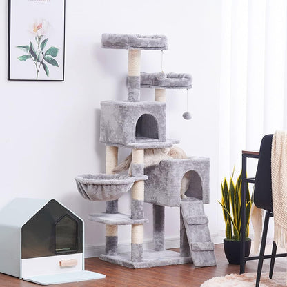 58'' Multi-Level Cat Tree – with Hammock, Plush Condos & Sisal Scratching Posts (Light Gray)