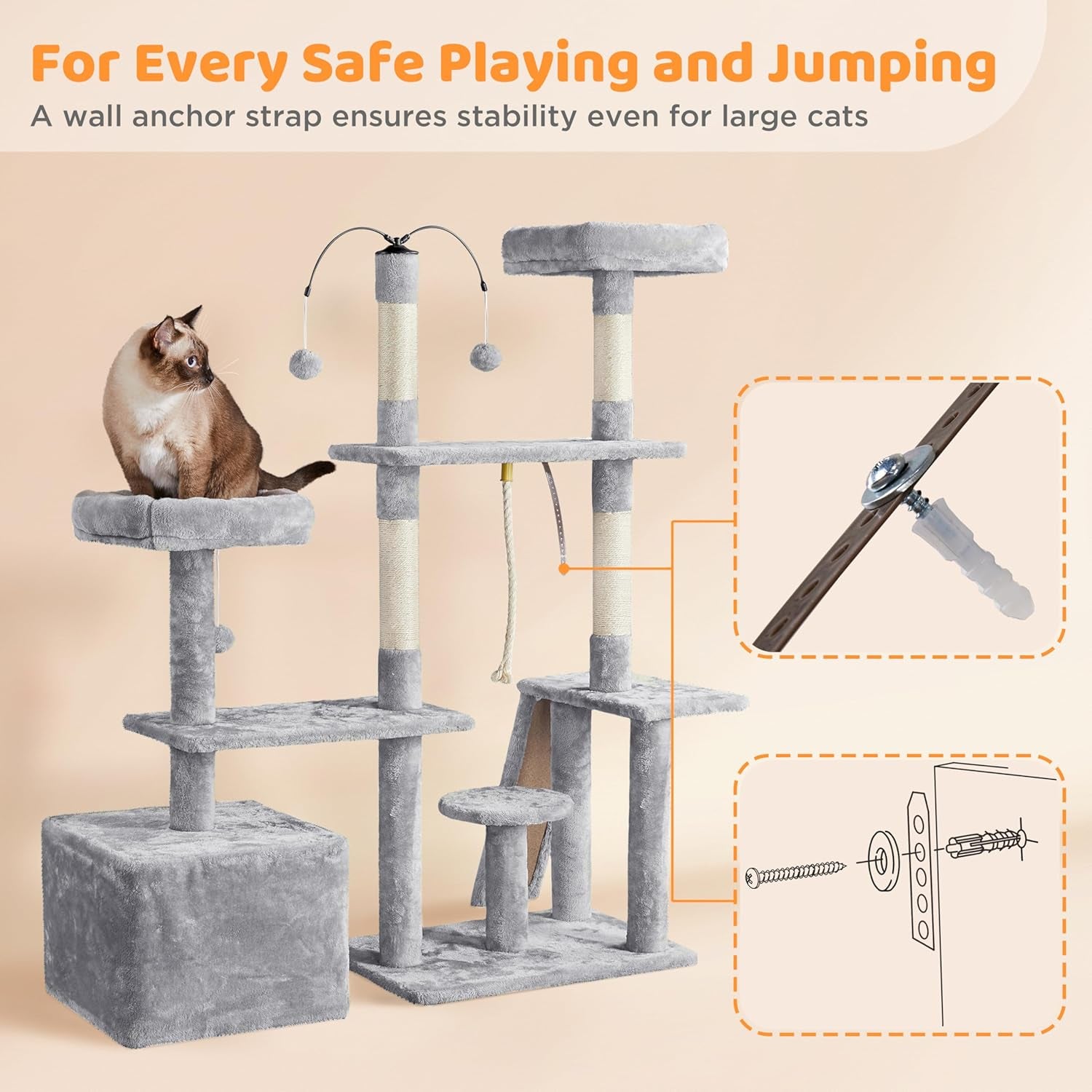 53.5'' Rotatable Cat Tree – Multi-Level Tower with Scratching Posts & Cozy Hideout (Light Gray)