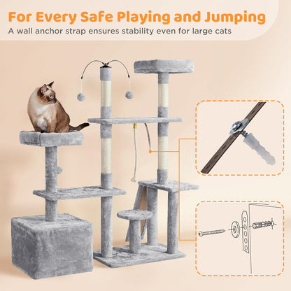 53.5'' Rotatable Cat Tree – Multi-Level Tower with Scratching Posts & Cozy Hideout (Light Gray)