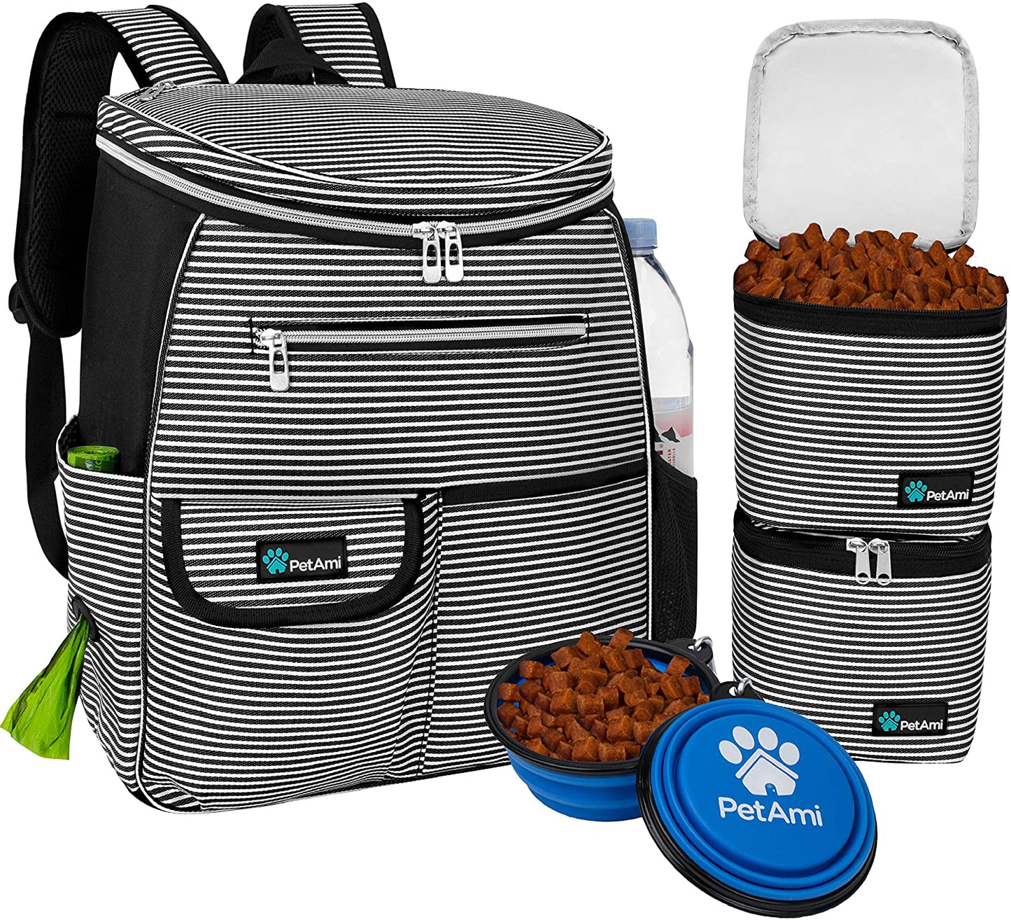 Dog Travel Backpack – Airline-Approved Pet Bag with Food Containers & Bowls (Stripe Black)