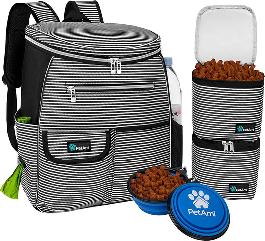 Dog Travel Backpack – Airline-Approved Pet Bag with Food Containers & Bowls (Stripe Black)