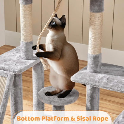 53.5'' Rotatable Cat Tree – Multi-Level Tower with Scratching Posts & Cozy Hideout (Light Gray)