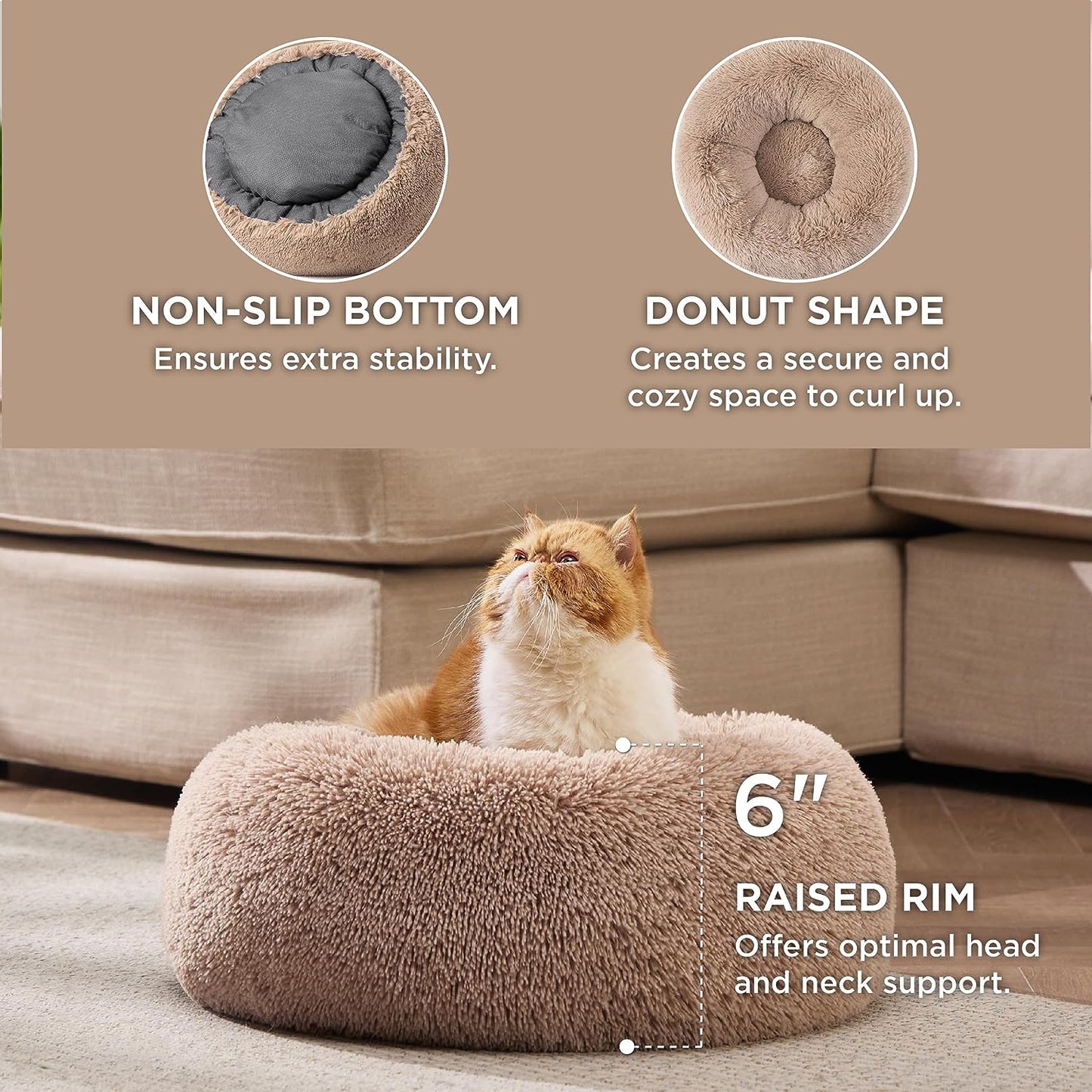 Calming Cat Bed – 20'' Round Plush Bed for Indoor Cats up to 15 lbs (Camel)