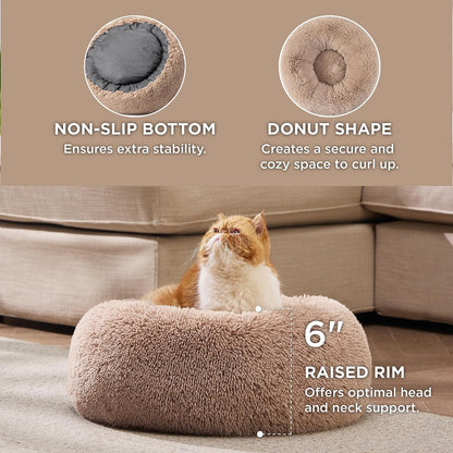 Calming Cat Bed – 20'' Round Plush Bed for Indoor Cats up to 15 lbs (Camel)