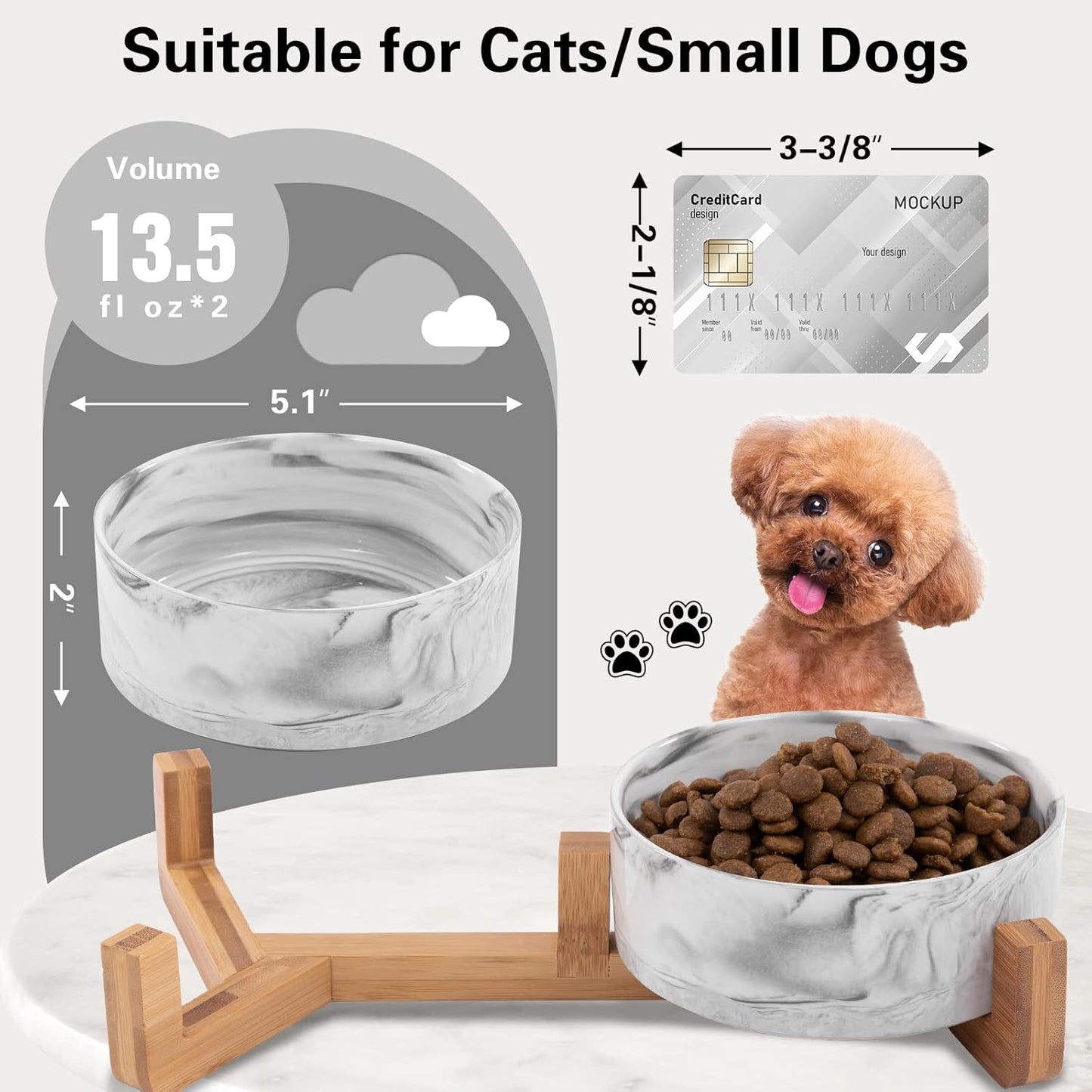 Marble Ceramic Pet Bowl Set – 2 Elevated Food & Water Bowls with Wooden Stand (1¾ Cups, Black)