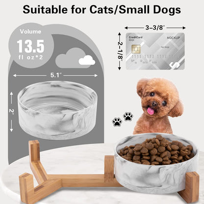 Marble Ceramic Pet Bowl Set – 2 Elevated Food & Water Bowls with Wooden Stand (1¾ Cups, Black)
