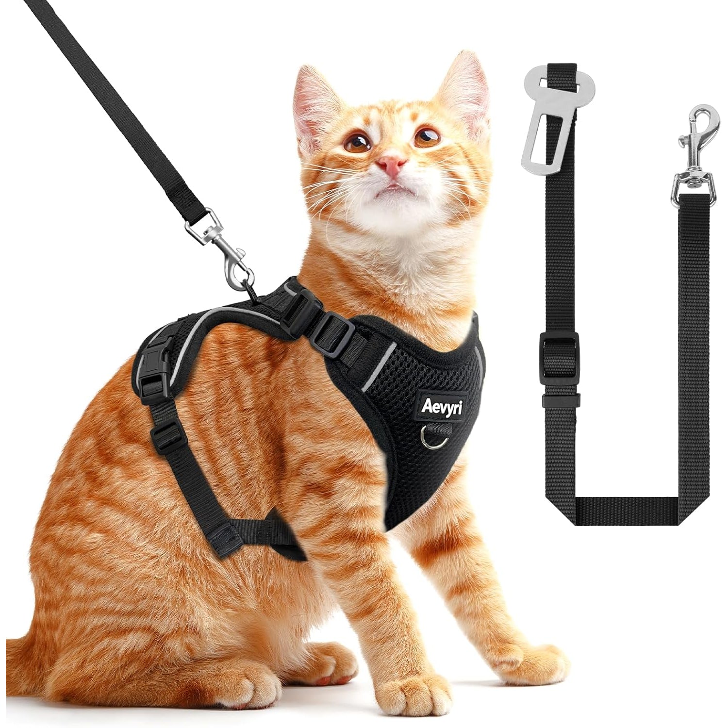Adjustable Cat Harness and Leash for Walking, Breathable Anti-Escape Design with Reflective Strips, Black, Medium