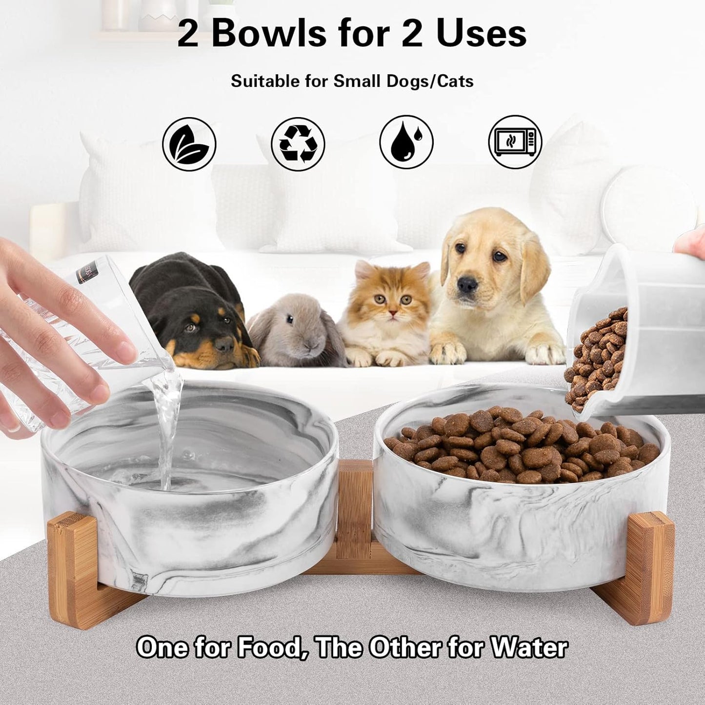 Marble Ceramic Pet Bowl Set – 2 Elevated Food & Water Bowls with Wooden Stand (1¾ Cups, Black)