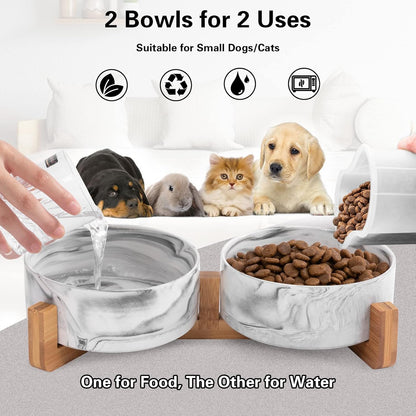 Marble Ceramic Pet Bowl Set – 2 Elevated Food & Water Bowls with Wooden Stand (1¾ Cups, Black)
