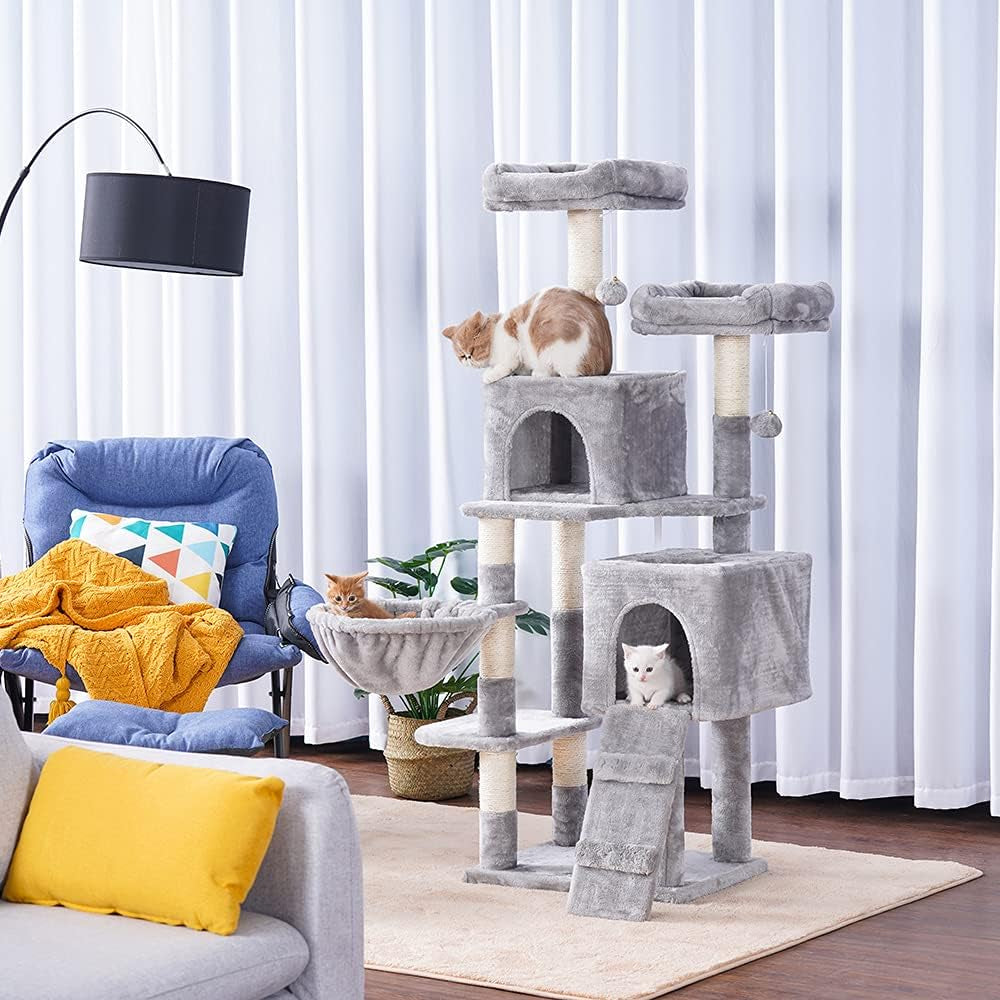 58'' Multi-Level Cat Tree – with Hammock, Plush Condos & Sisal Scratching Posts (Light Gray)