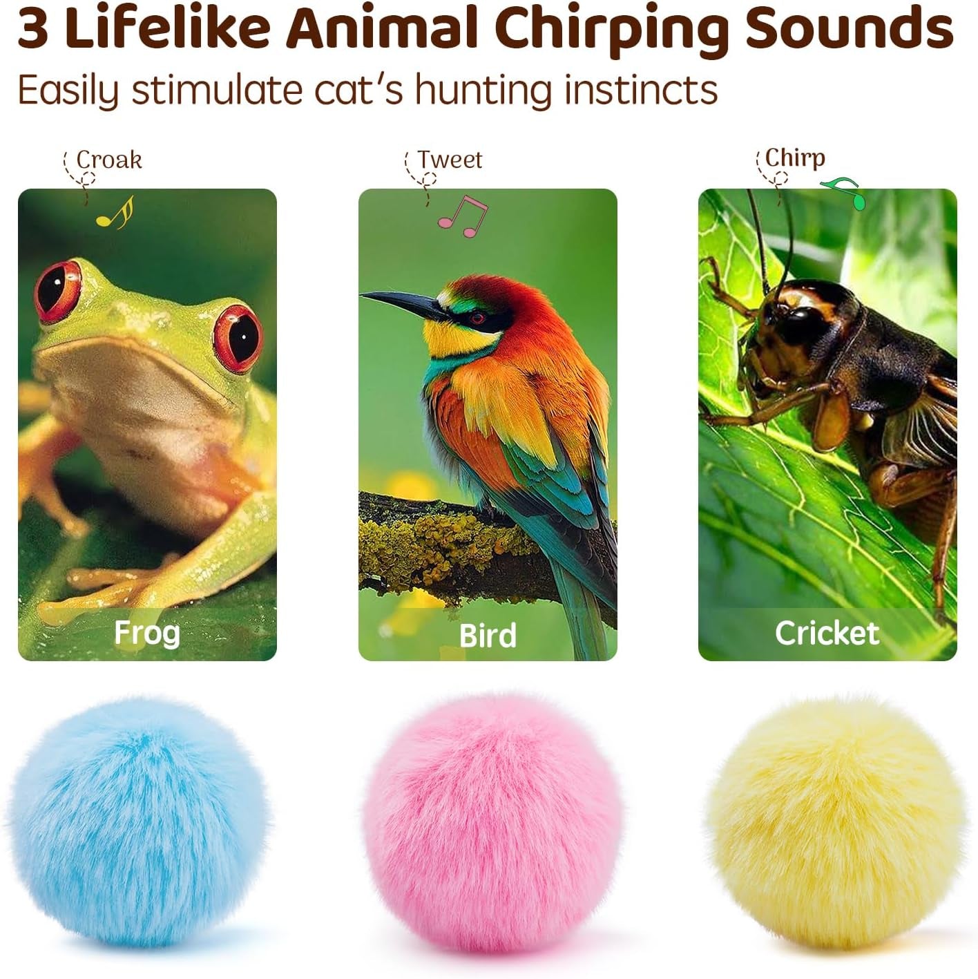 Chirping Catnip Balls – 3-Pack Fluffy Cat Toys with Lifelike Animal Sounds & Silvervine