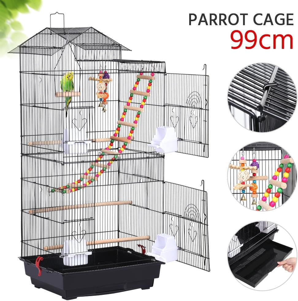 39'' Rooftop Bird Cage – Large Flight Cage with Toys for Parrots, Conures, Cockatiels & More