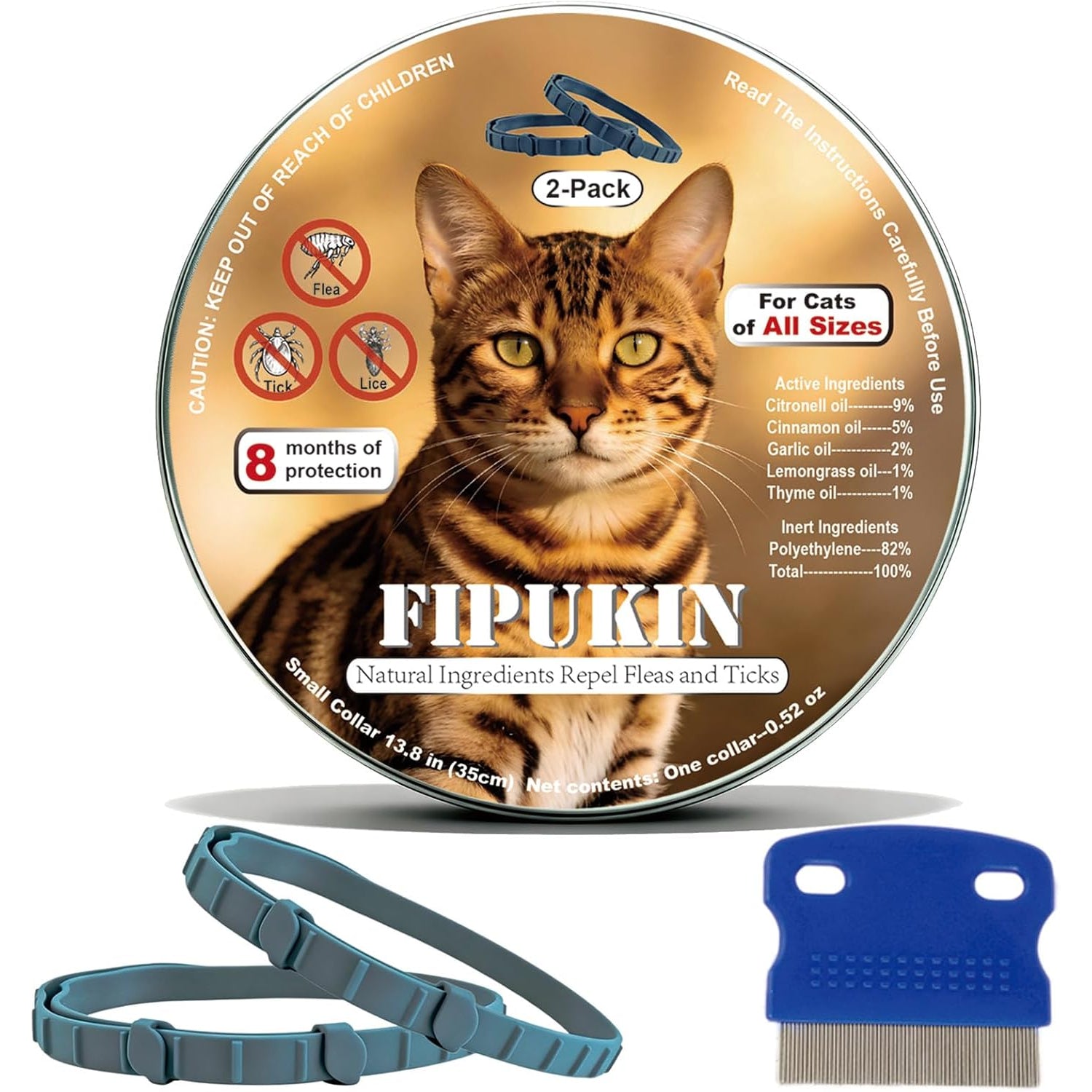 Natural Flea and Tick Repellent Collar for Cats - Safe, Effective, Waterproof, 8 Months Protection, Includes Free Comb, One Size Fits All (13.8 Inches), 2-Pack