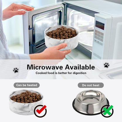 Marble Ceramic Pet Bowl Set – 2 Elevated Food & Water Bowls with Wooden Stand (1¾ Cups, Black)