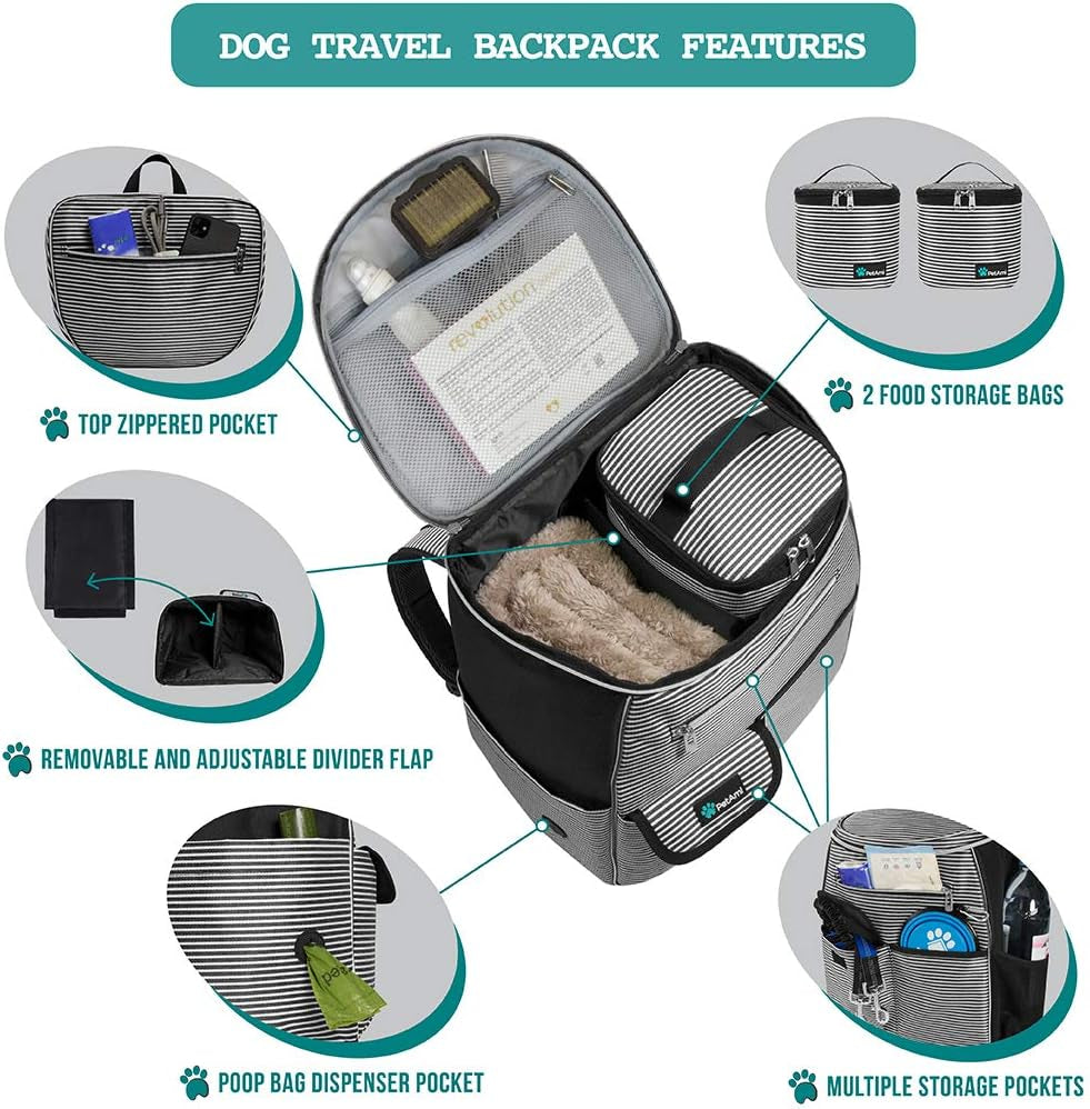 Dog Travel Backpack – Airline-Approved Pet Bag with Food Containers & Bowls (Stripe Black)