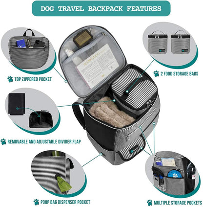 Dog Travel Backpack – Airline-Approved Pet Bag with Food Containers & Bowls (Stripe Black)
