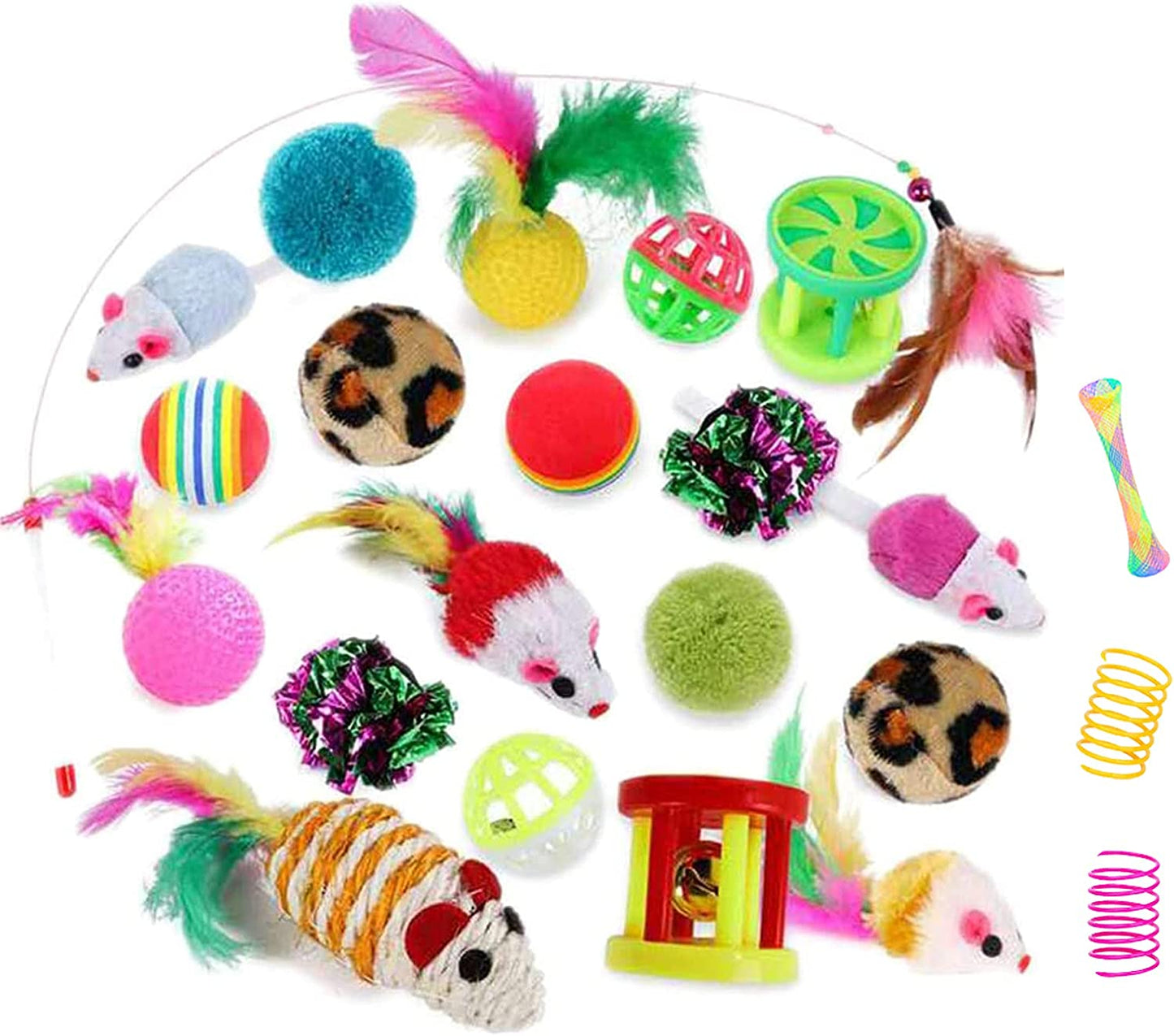 32Pcs Cat Toys Kitten Interactive Pet Toys Assortments, Foldable Rainbow Tunnel, Cat Feather Teaser Wand Interactive Feather Toy Fluffy Mouse Crinkle Balls Bell Play for Kitty (2 Way)