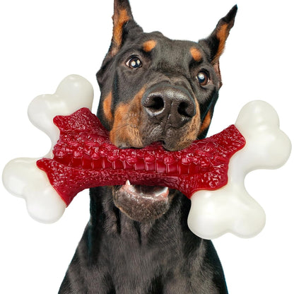 Kseroo Durable Dog Chew Toys for Aggressive Chewers: Beef-Flavored Hard Nylon Bone for Large and Medium Breeds (20-80 lbs), Red