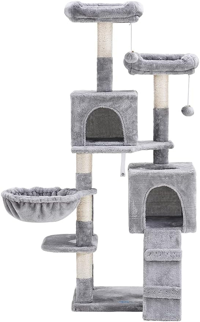 58'' Multi-Level Cat Tree – with Hammock, Plush Condos & Sisal Scratching Posts (Light Gray)
