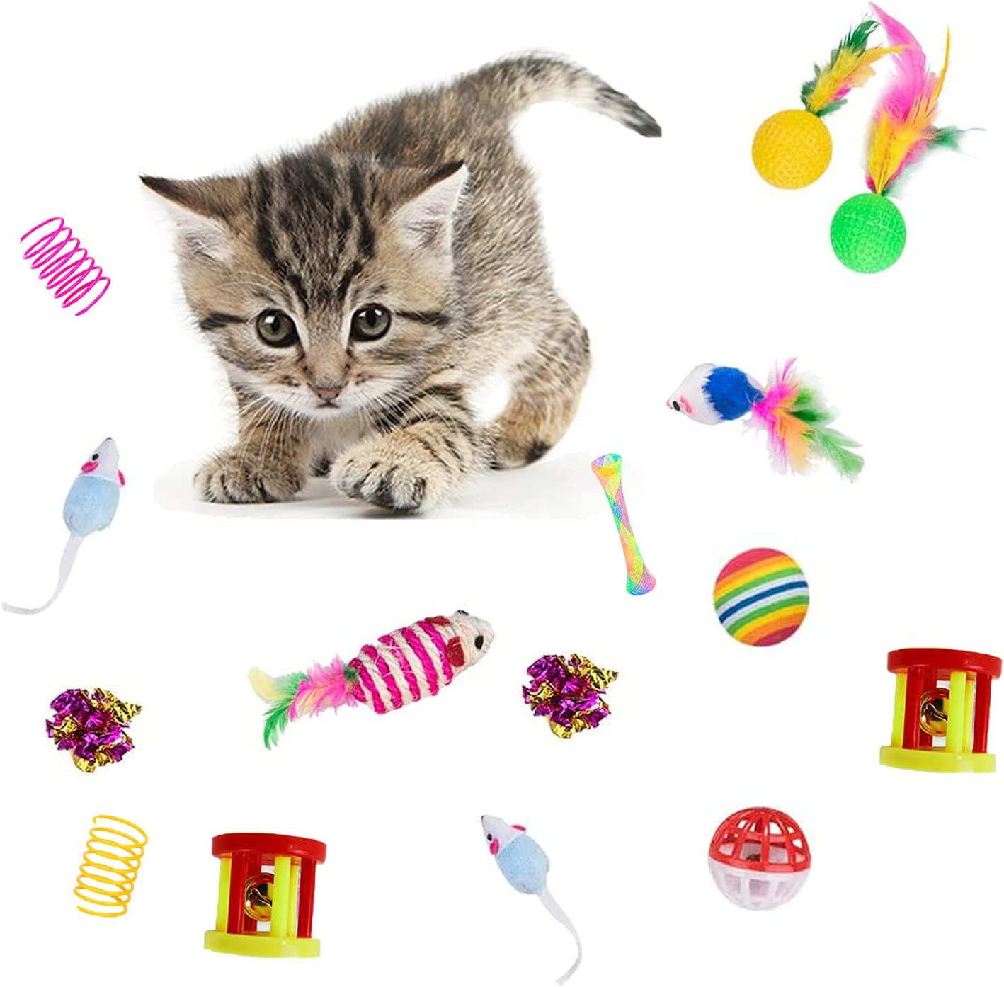 32Pcs Cat Toys Kitten Interactive Pet Toys Assortments, Foldable Rainbow Tunnel, Cat Feather Teaser Wand Interactive Feather Toy Fluffy Mouse Crinkle Balls Bell Play for Kitty (2 Way)