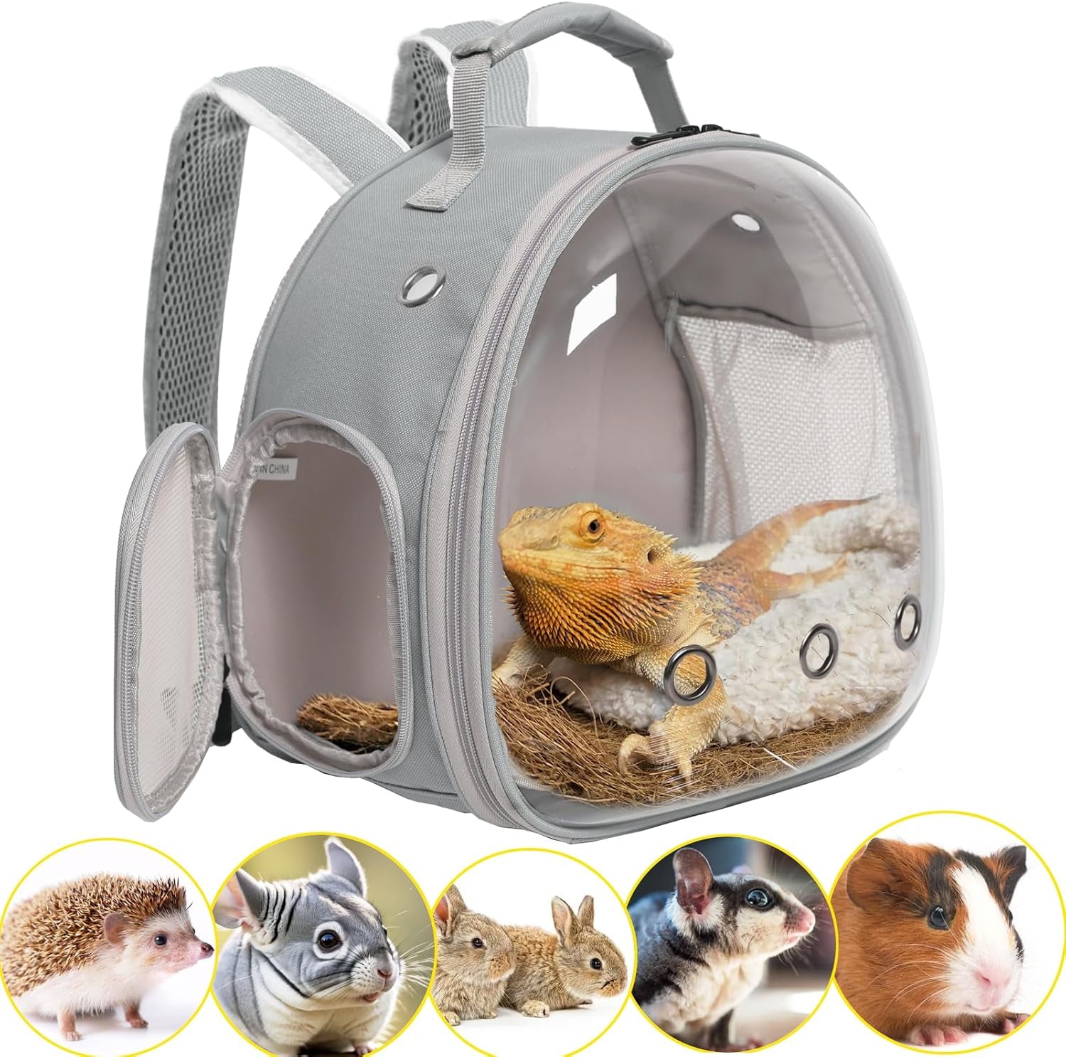 Small Animal Travel Backpack – Clear Bubble Window Carrier for Guinea Pigs, Reptiles & More (Grey, Airline-Approved)