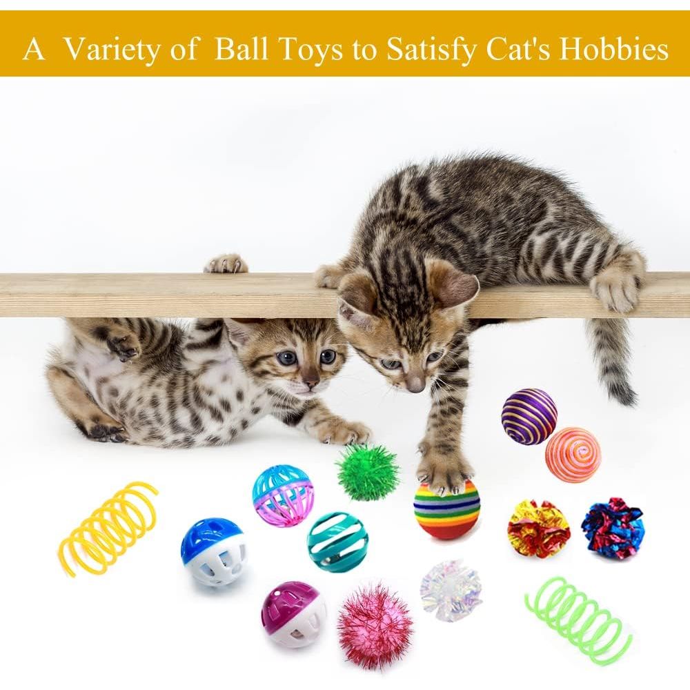 Cat Toys Kitten Assortment - Rainbow, Crinkle, Sparkle, Bell & Sisal Balls for All Cats - 30 Packs