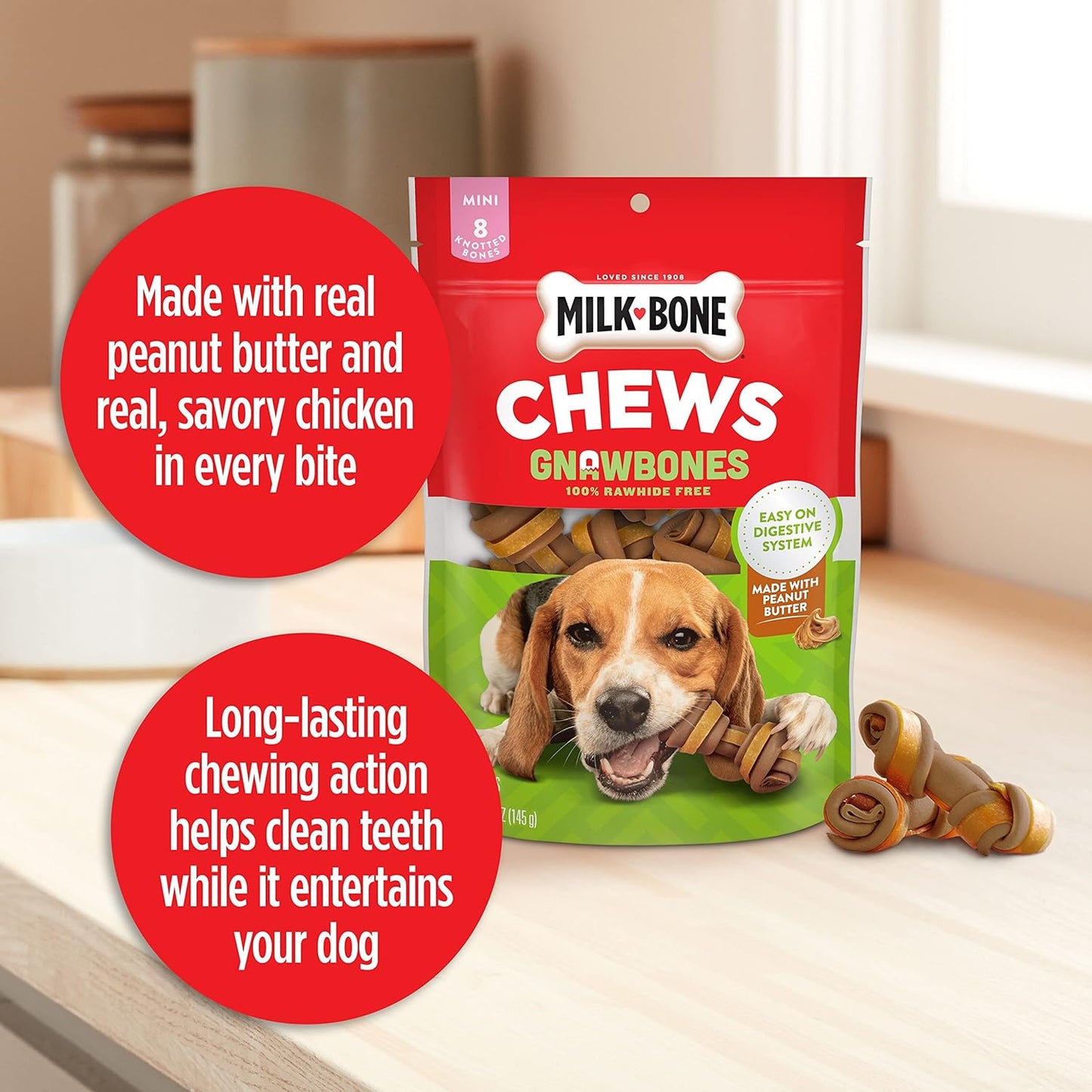 Chews Gnawbones Rawhide Free Dog Treats, Peanut Butter & Chicken, 8 Long Lasting Mini Knotted Bones (Pack of 4)