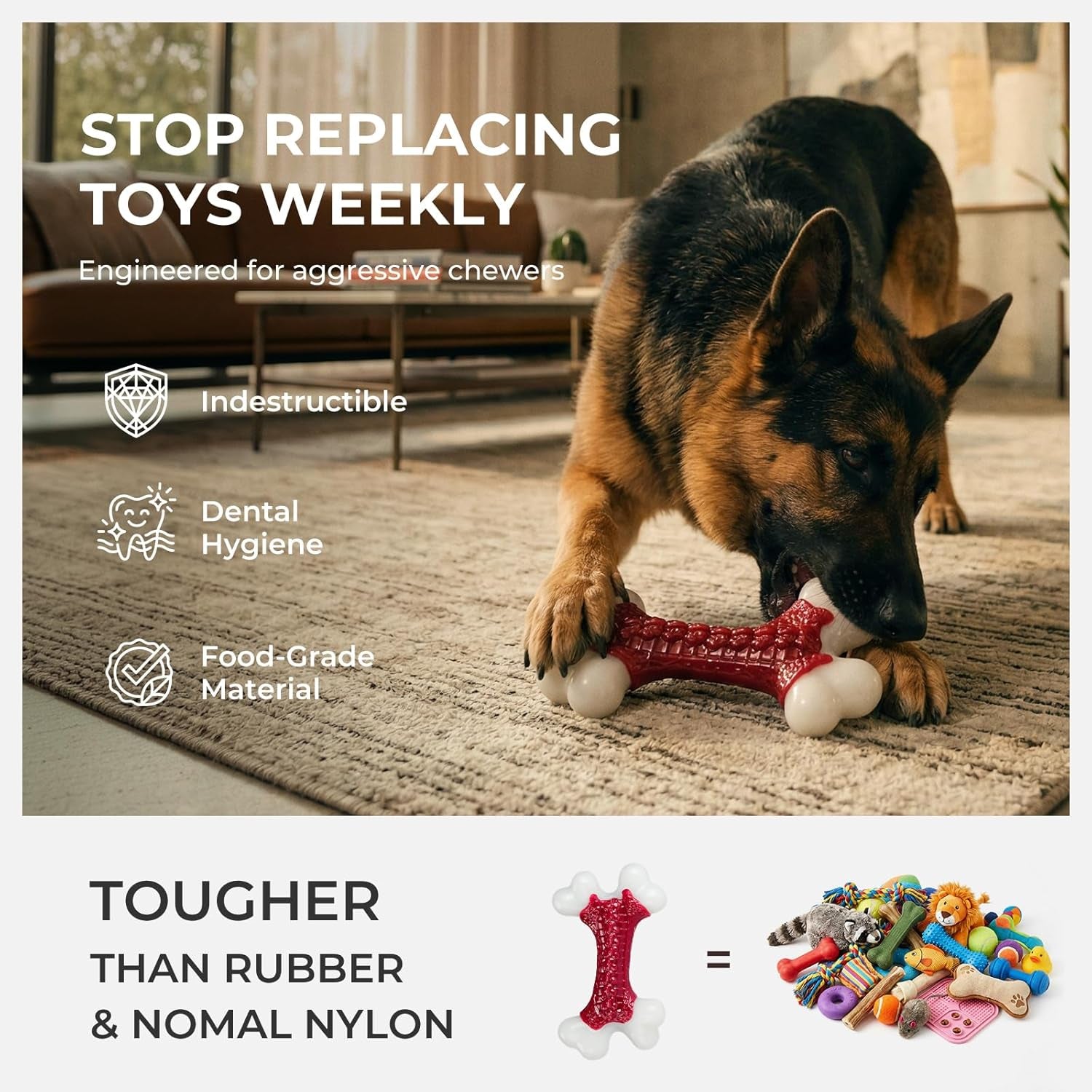 Kseroo Durable Dog Chew Toys for Aggressive Chewers: Beef-Flavored Hard Nylon Bone for Large and Medium Breeds (20-80 lbs), Red