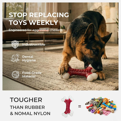 Kseroo Durable Dog Chew Toys for Aggressive Chewers: Beef-Flavored Hard Nylon Bone for Large and Medium Breeds (20-80 lbs), Red