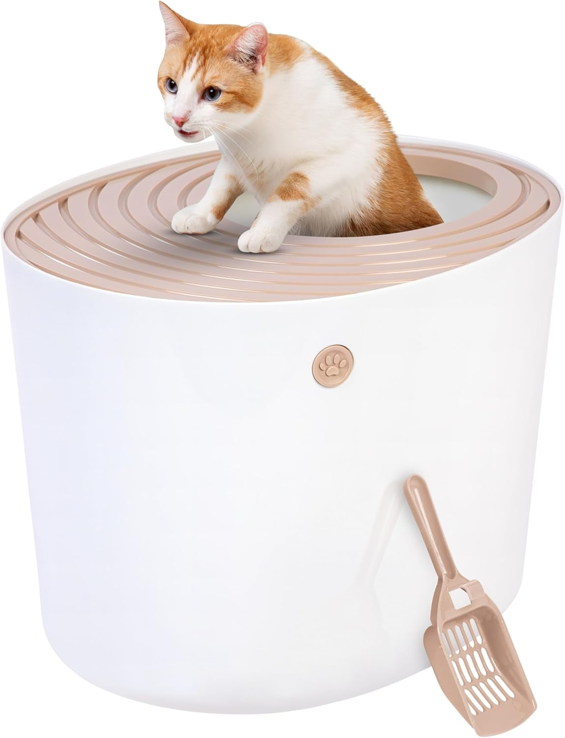 USA Cat Litter Box, Large Top Entry with Litter Catching Lid and Scoop, Dog Proof, Cat Box Enclosure, Beige/White