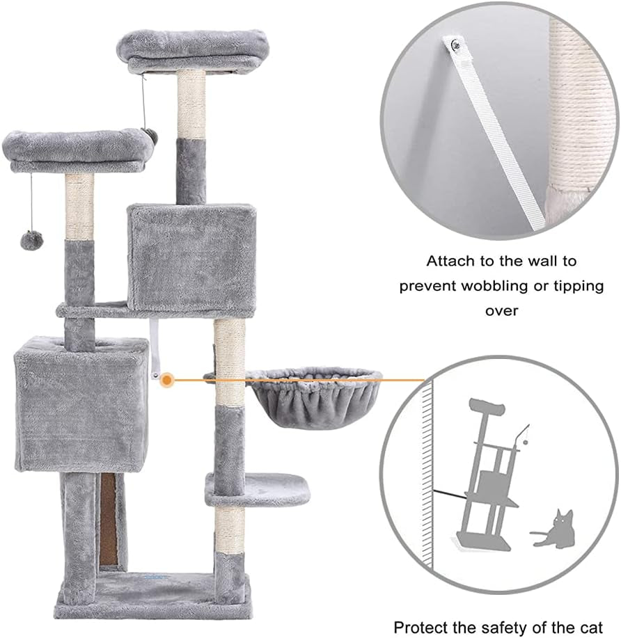 58'' Multi-Level Cat Tree – with Hammock, Plush Condos & Sisal Scratching Posts (Light Gray)