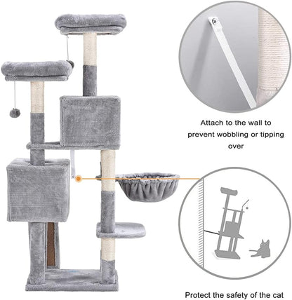 58'' Multi-Level Cat Tree – with Hammock, Plush Condos & Sisal Scratching Posts (Light Gray)