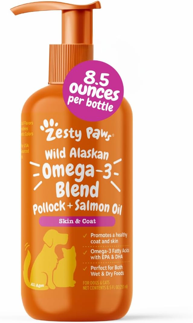 Zesty Paws Wild Alaskan Omega-3 Blend Pollock + Salmon Oil for Dogs and Cats- Skin and Coat Support, Omega 3 Supplement for Pets, 8.5Oz