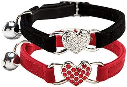 Velvet Heart Charm Cat Collar Set – Adjustable with Bells (Black & Red, 8-11”)