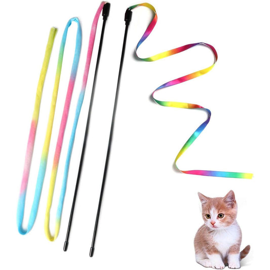 Professional Interactive Cat Wand Toy Set - Colorful Teaser Wands for Indoor Cats, Rainbow Ribbon Kitten Charmer - 2 Pack