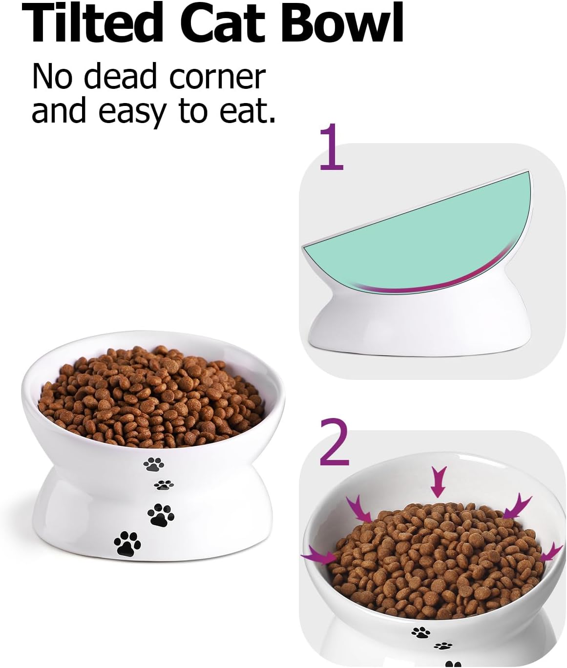 Ceramic Elevated Bowl – For Flat-Faced Cats & Small Dogs, Dishwasher Safe (5'', White)