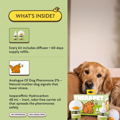 Therapet MD Dog Calming Diffuser - Pheromone Diffuser for Dogs Indoor Behavior Support, Anxiety Aid, 60 Day Long Lasting Refill Kit, Natural Formula