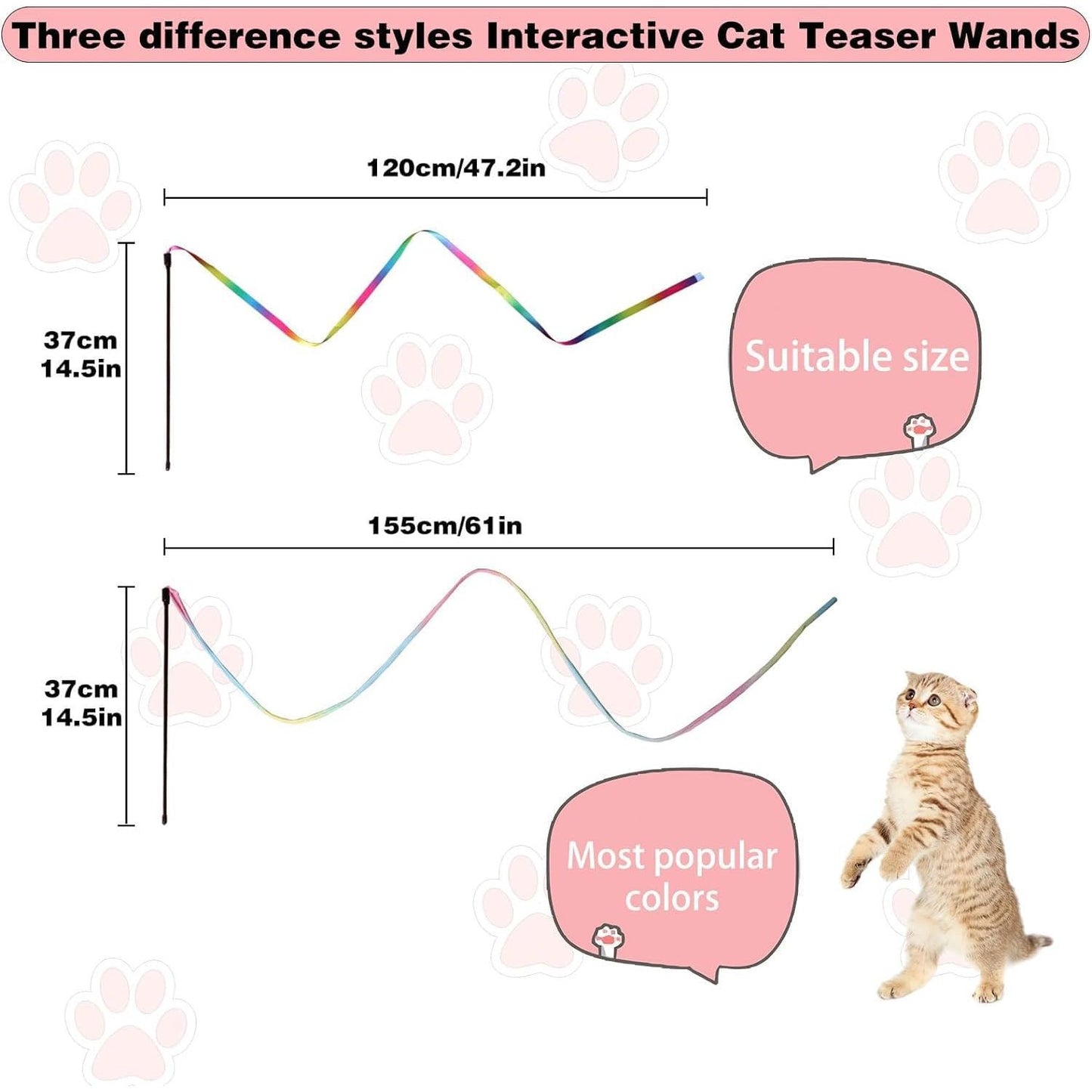 Professional Interactive Cat Wand Toy Set - Colorful Teaser Wands for Indoor Cats, Rainbow Ribbon Kitten Charmer - 2 Pack