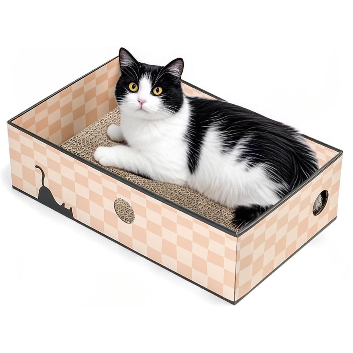 Heavy-Duty Double-Sided Cardboard Cat Scratcher Box and Lounger with Interactive Hole Design, Large Indoor Cat Bed