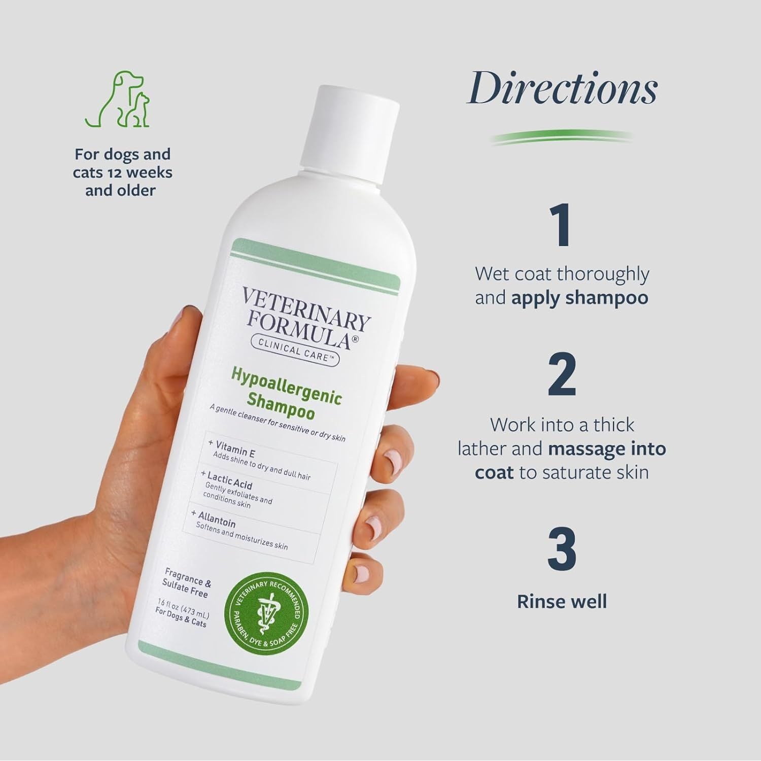 Hypoallergenic Shampoo for Dogs and Cats, 16 oz – Gentle Fragrance-Free Solution for Allergies and Sensitive Skin, Promotes Healthy Skin and Coat