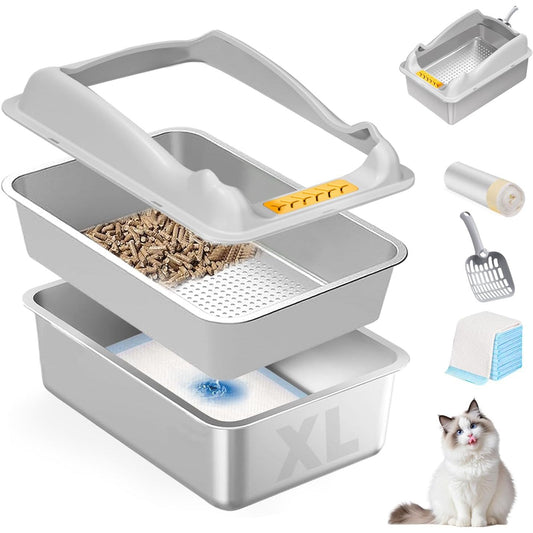 Extra-Large Stainless Steel Litter Box with Lid - Ideal for Large Cats, High Sides, Leak-Proof Design, and Effortless Cleaning